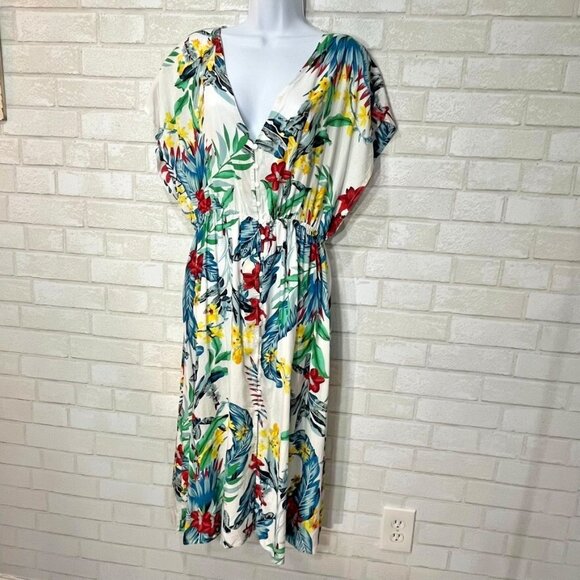 Tropical Rayon Floral Button Midi Dress Size Large Vacation Resort Boho Beachy - Picture 9 of 12